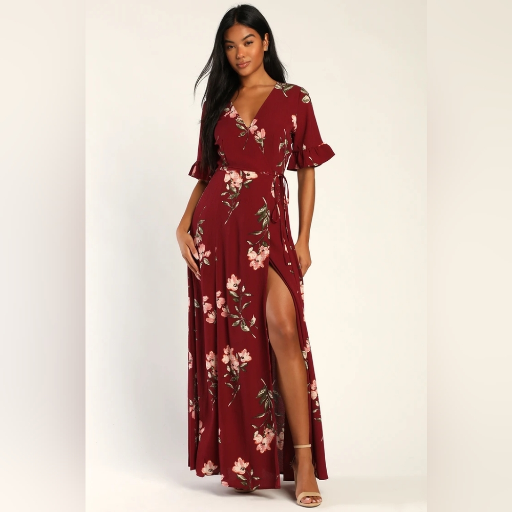 Lulu's Burgundy Floral Print Wrap Maxi Dress  Size XXS